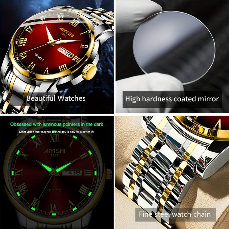 AIYISHI Stainless Steel Multifunctional Mens Watch With Date Dial
