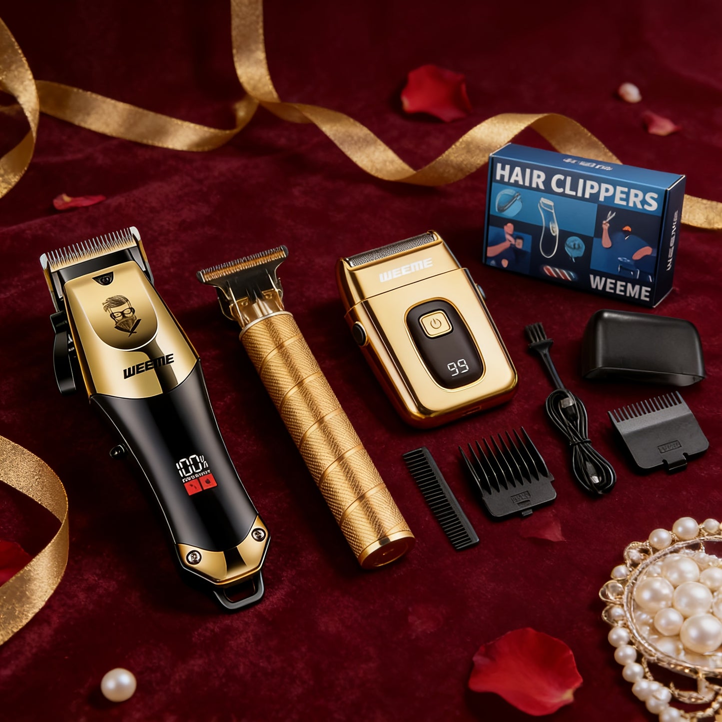 3pcs Set Golden Hair Clippers Professional, Beard Trimmer, T-Blade Trimmer Kit For Men, Cordless Hair Cutting And Styling Tools, Golden Design Shaver, Ideal Birthday And Christmas Gifts, Valentine'S Day