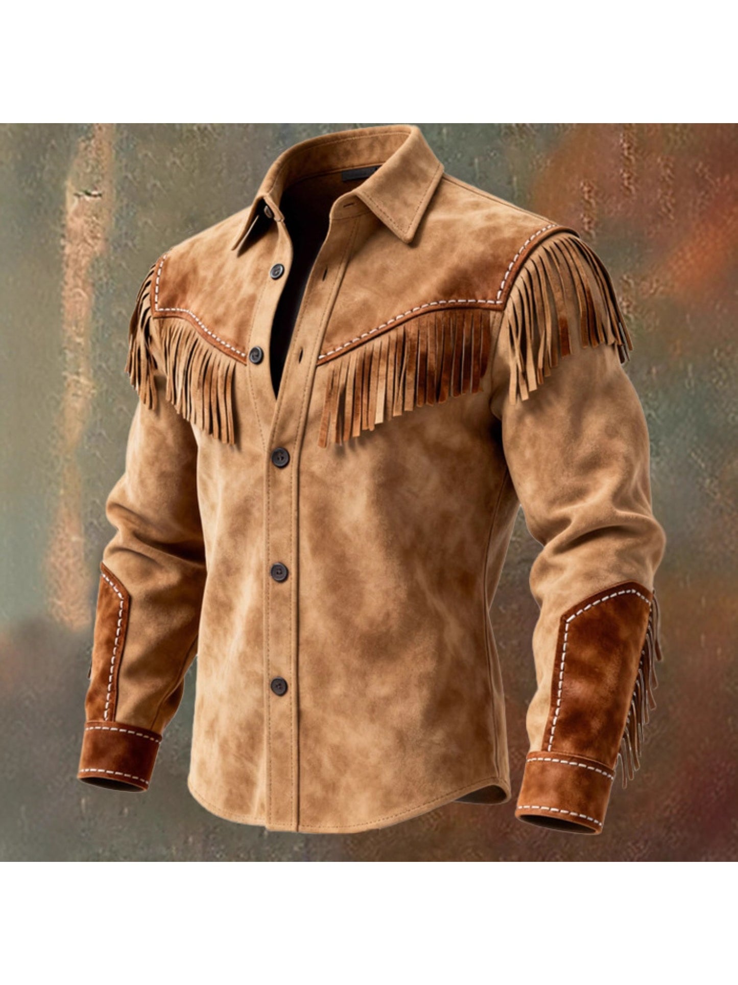 Men's Retro Brown Shirt Jacket With Fringe And Western Style
