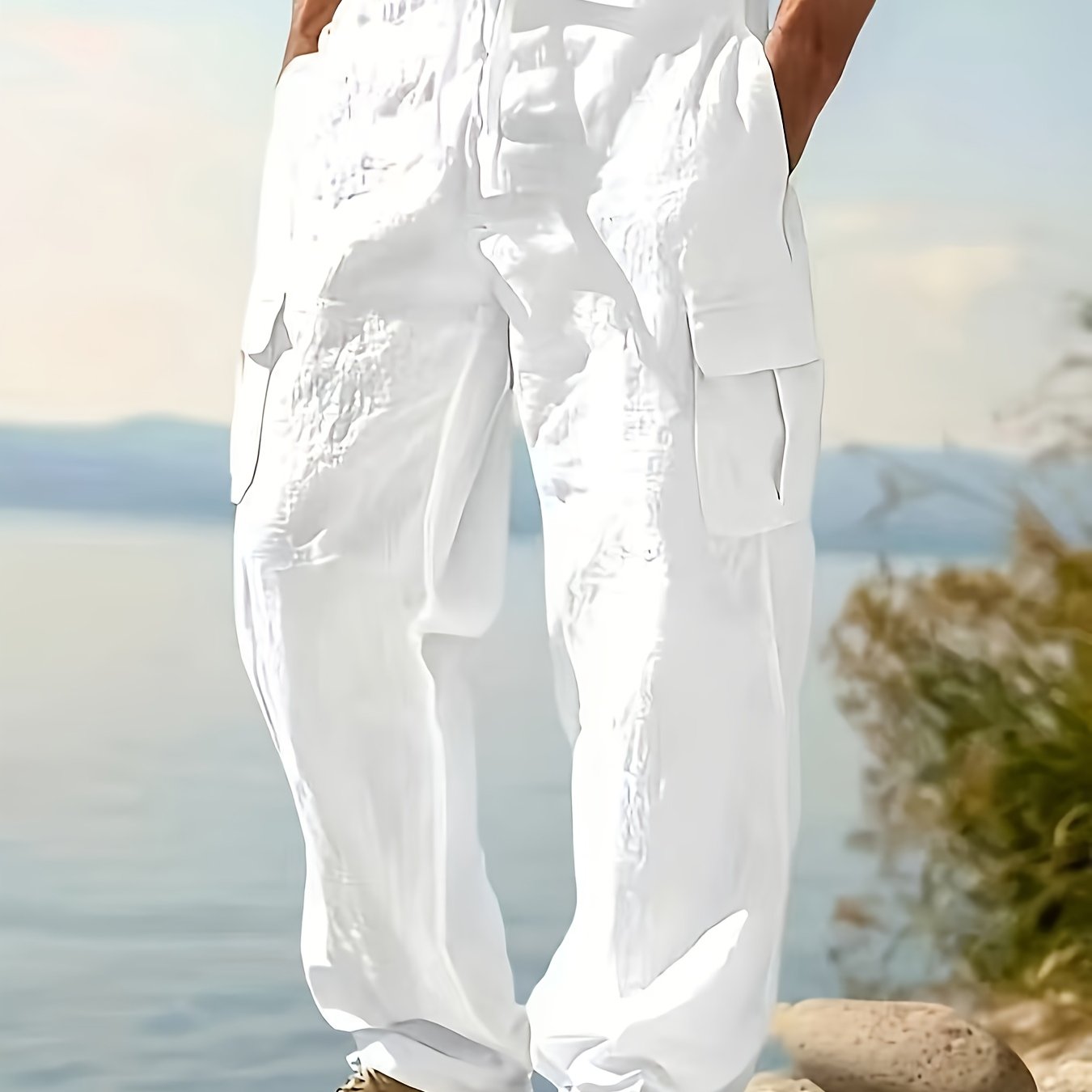 Mens Linen Work Pants Breathable Regular Fit For Casual Wear