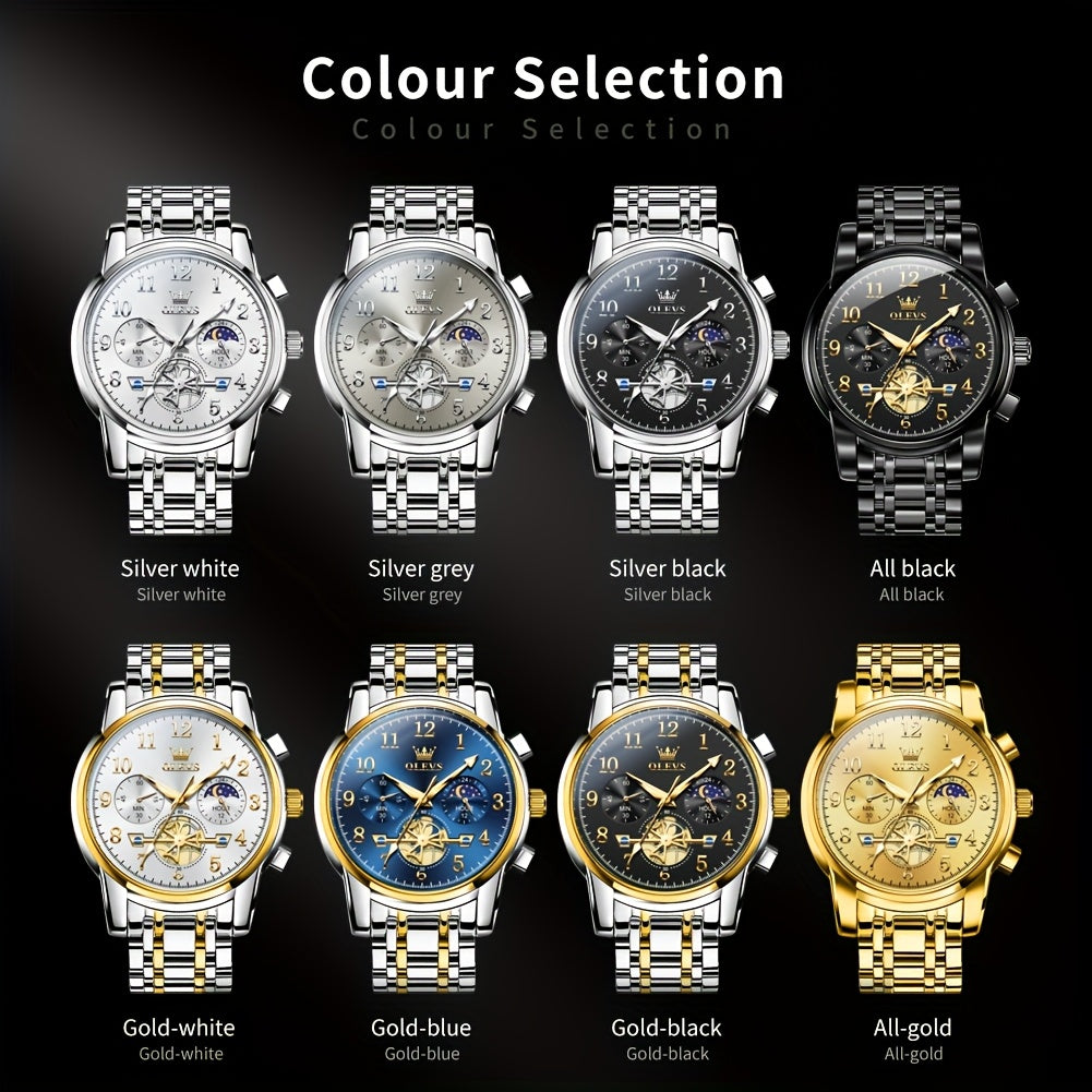 OLEVS Men's Luxury Quartz Watch Stainless Steel Moon Phase Chronograph