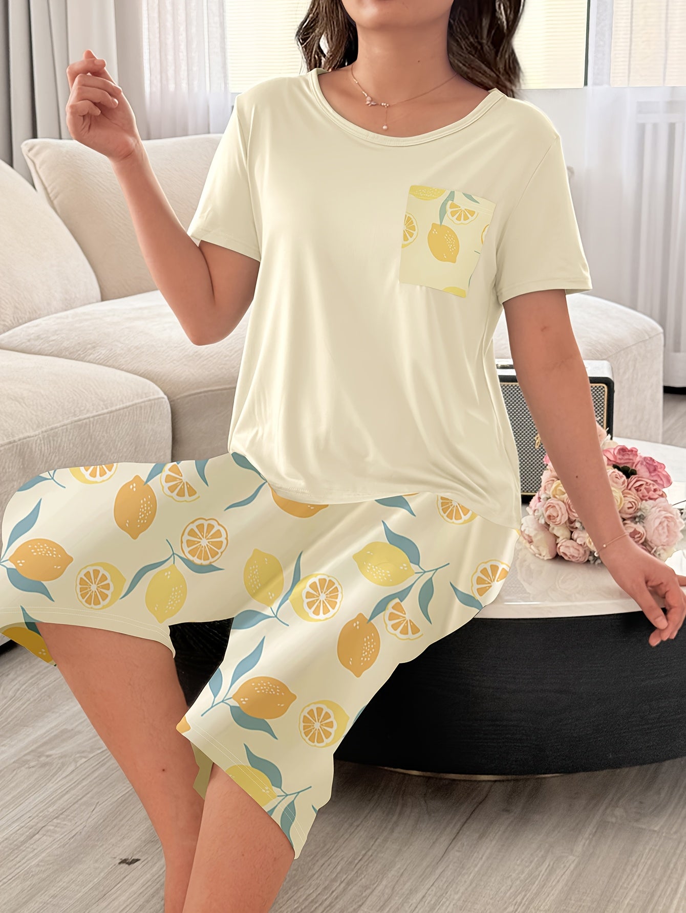Chic Casual 3/4 Sleeve Floral Pajama Set for Women Plus Size
