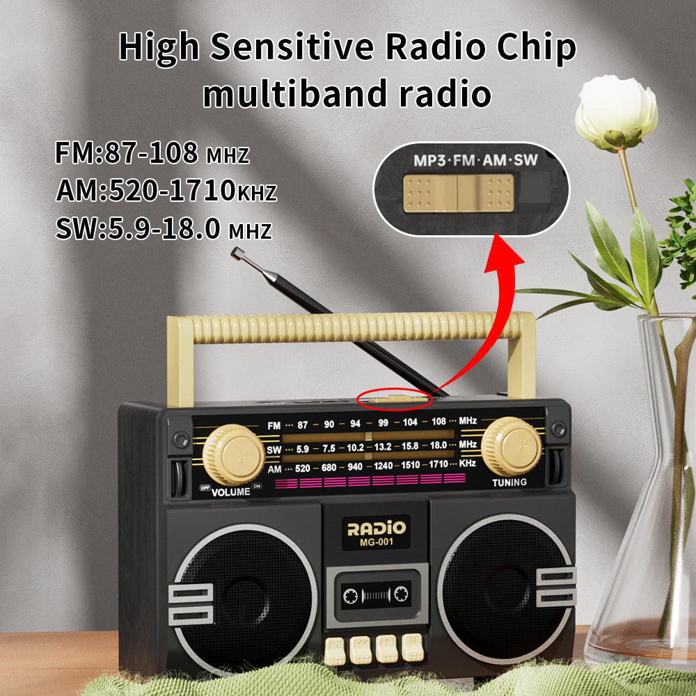 Portable FM/AM/SW Radio- Solar & USB Powered, 1200mAh Lithium Battery, Wireless, Support TF Card/USB/AUX Playback,Compact Design with Ergonomic Handle & Speaker - Ideal for Indoor/Outdoor, Camping, Emergencies - Solar-Powered