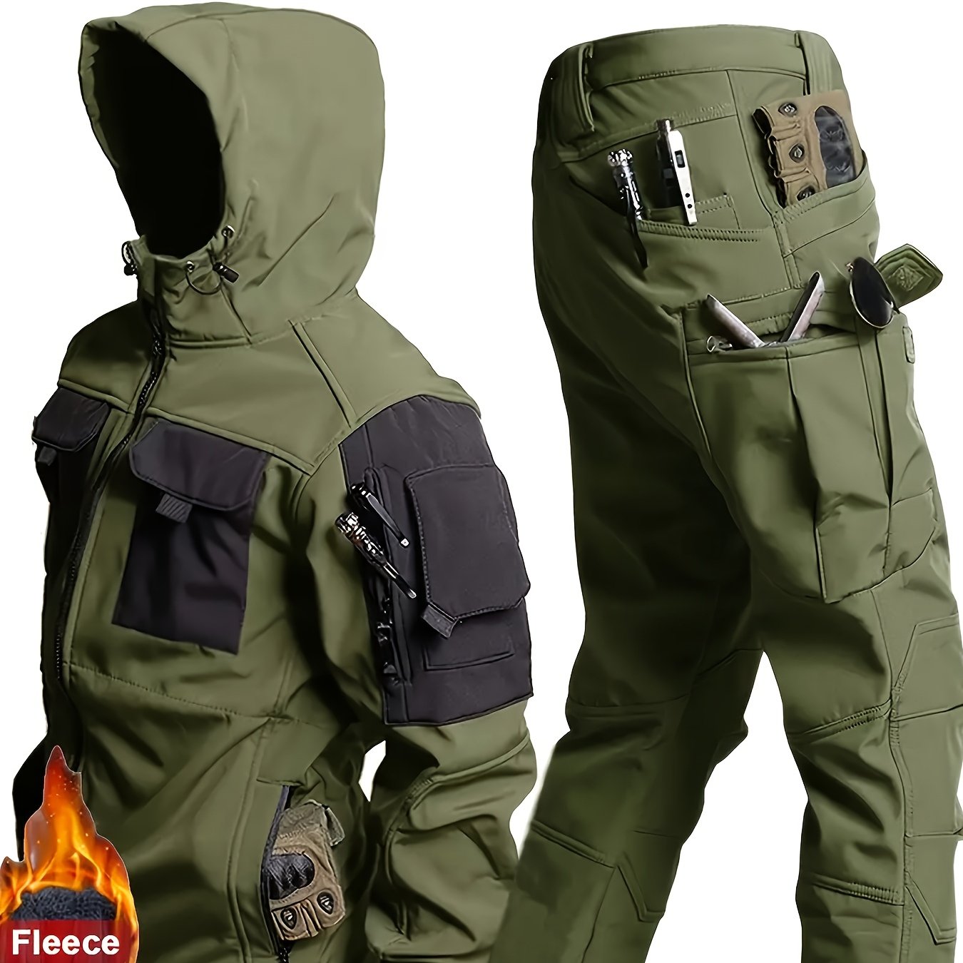 Mens Windproof Lined Hooded Jacket And Pants Set Outdoors