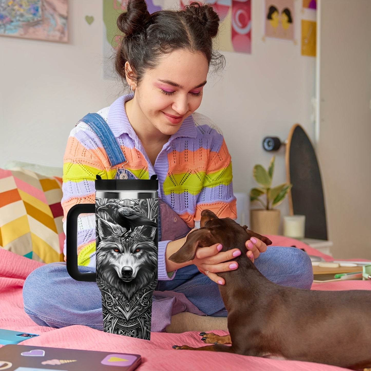 Viking Themed Stainless Steel Insulated Tumbler With Wolf Celtic Knot