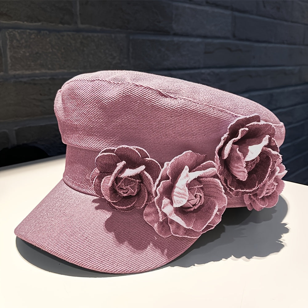 BODERI Women'S Denim Beret with Blue Roses - Lightweight, Elastic Fit for Outdoor Activities, Parties, and Casual Attire, Casual Headwear | Floral Embellished Beret | Texture Beret