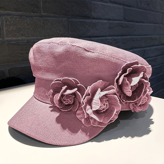 BODERI Women'S Denim Beret with Blue Roses - Lightweight, Elastic Fit for Outdoor Activities, Parties, and Casual Attire, Casual Headwear | Floral Embellished Beret | Texture Beret