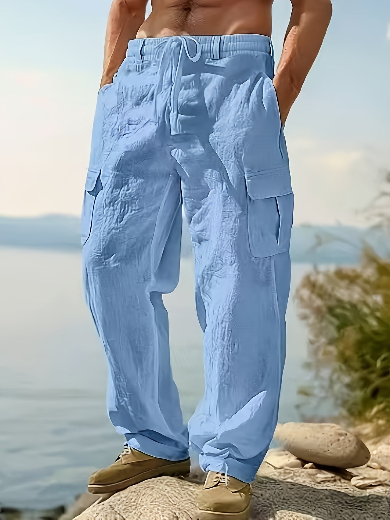 Mens Linen Work Pants Breathable Regular Fit For Casual Wear