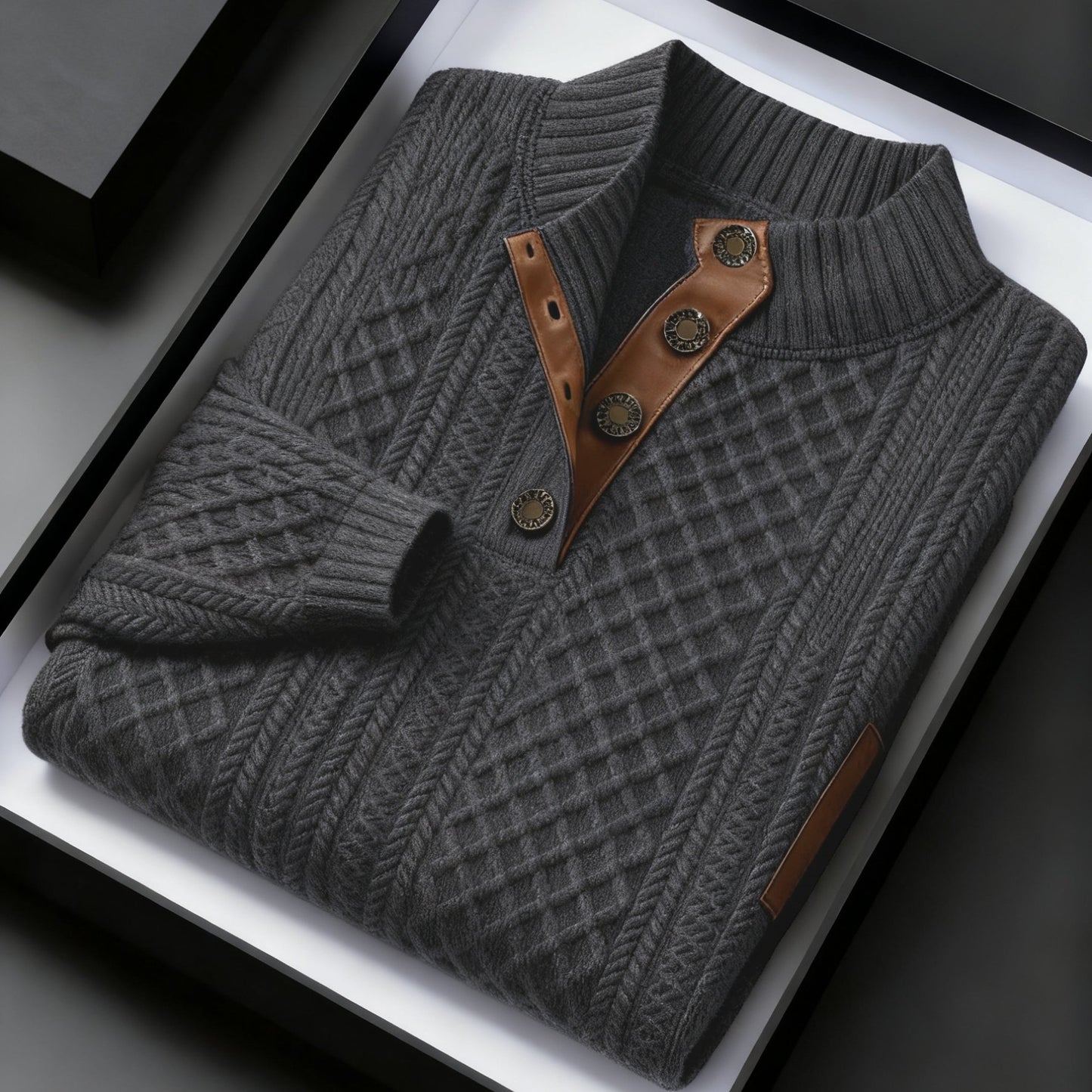 Men Jacquard Knit Stand Collar Sweater With Button Closure
