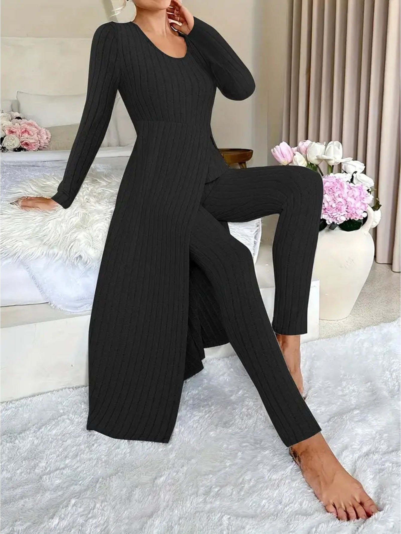 MORA QUIET Womens Fleece Two Piece Set Lounge Outfit With Wide Leg Pants