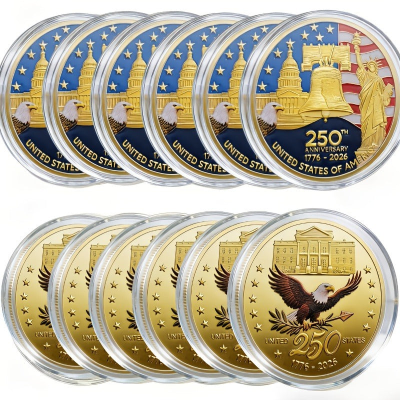 12pcs 2026 American Independence 250th Anniversary Medal Set | 1776-2026 Reissue Coins with Plastic Case and Eagle Challenge Coin Badge, Golden Iron Coins