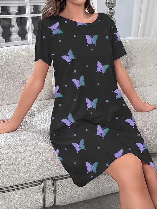 Women's Soft Polyester Sleep Dress - Round Neck, Short Sleeve