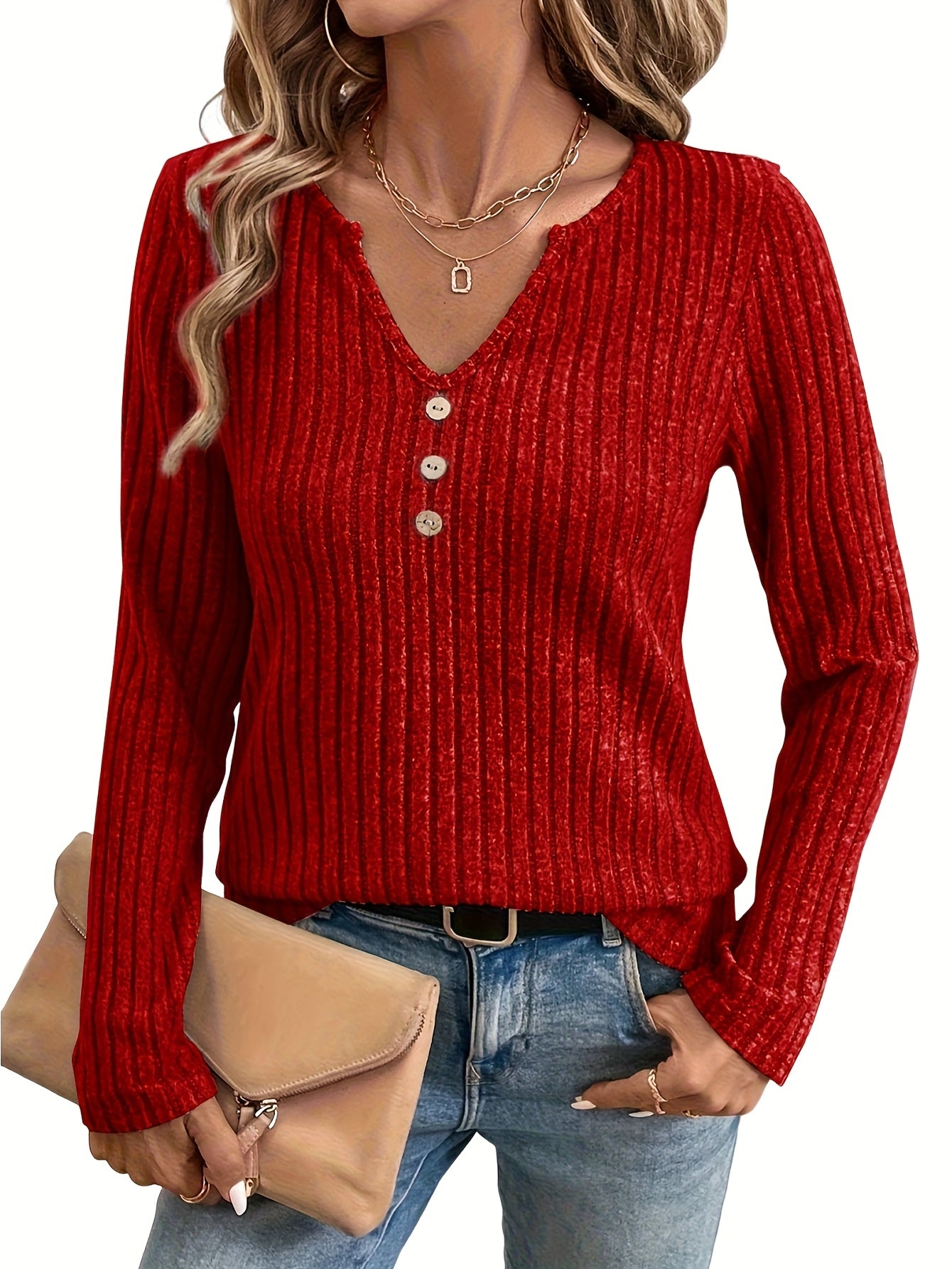 Women V Neck Long Sleeve Button Up Top ThreePieceSet
