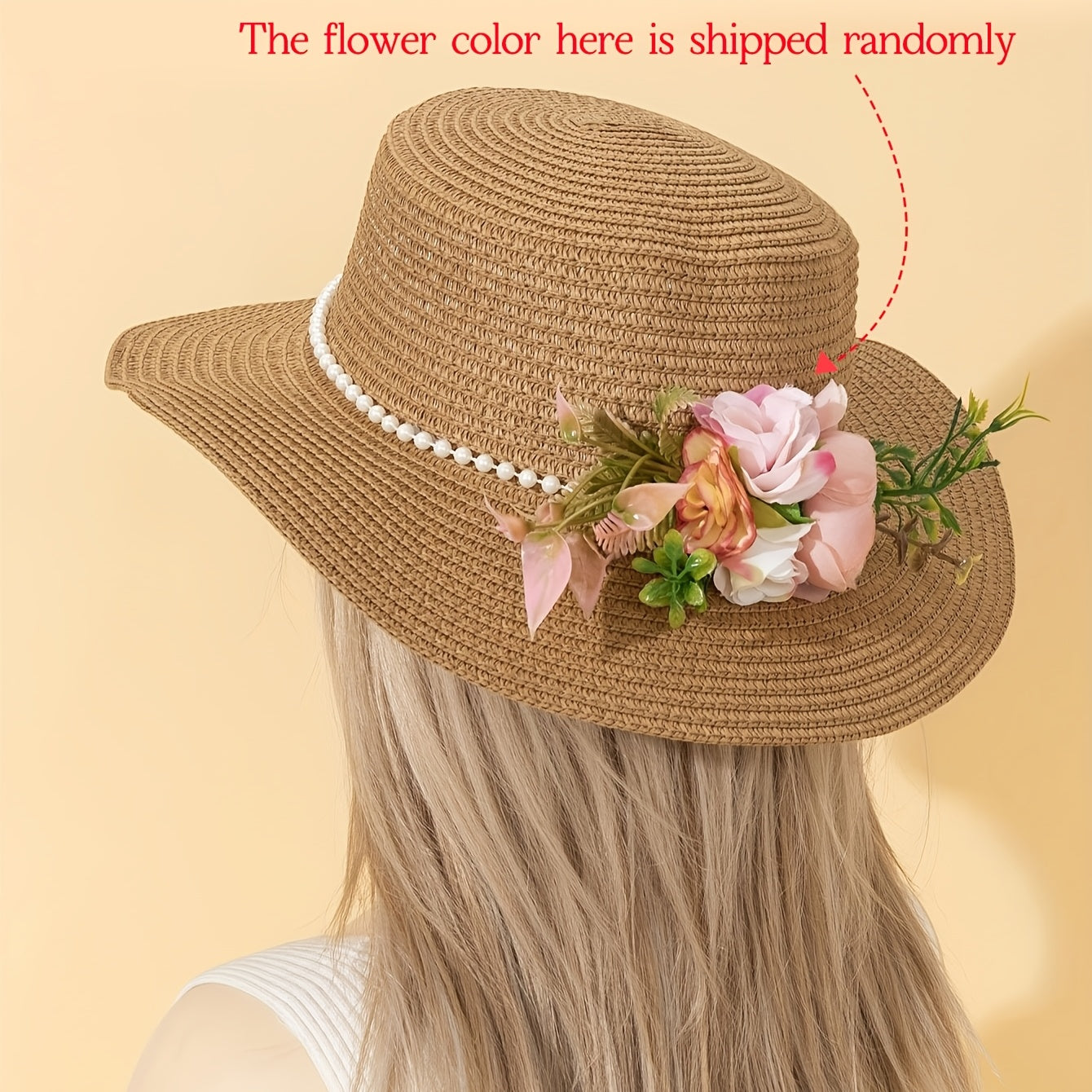 1 Women's fabric flower and leaf decorated wavy straw hat, sweet pastoral style suitable for s, Women's outdoor vacation, wedding season, summer gift, beach play