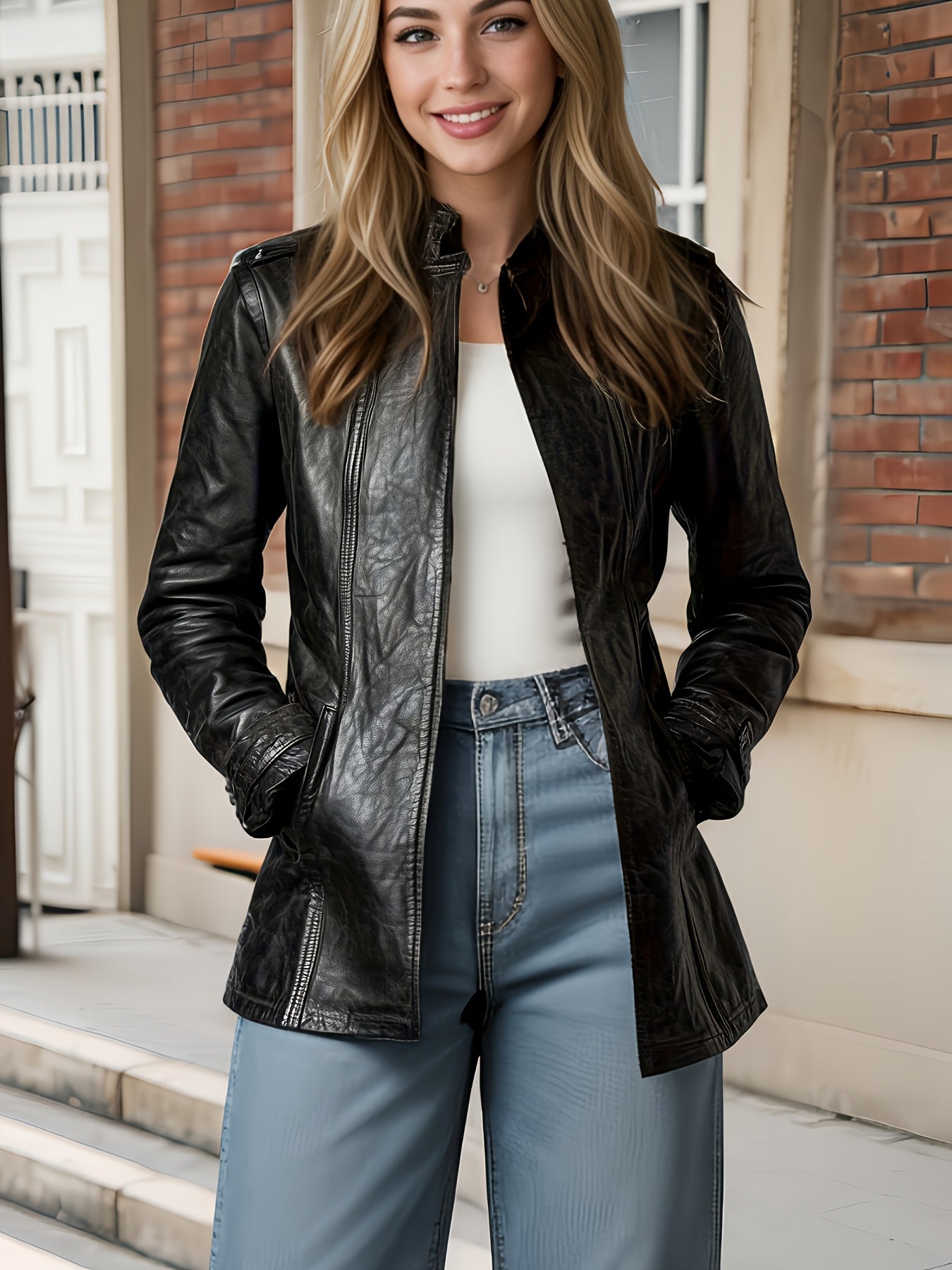 PU Spring, Summer, And Autumn Washable Casual Pocket Loose Mid-length Cardigan Jacket, Retro Motorcycle Jacket Long-sleeve Outerwear, 3D Effect, Stand Collar Design for Women's Long-sleeve Cardigan