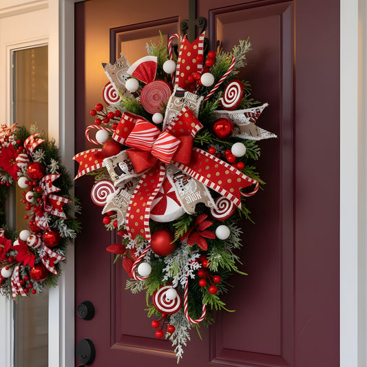 Candy Cane Wreath With Teardrop Swag For Indoor Outdoor Decor