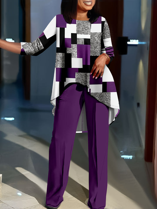 Geometric Print Long Sleeve Top And Solid Two-Piece Set