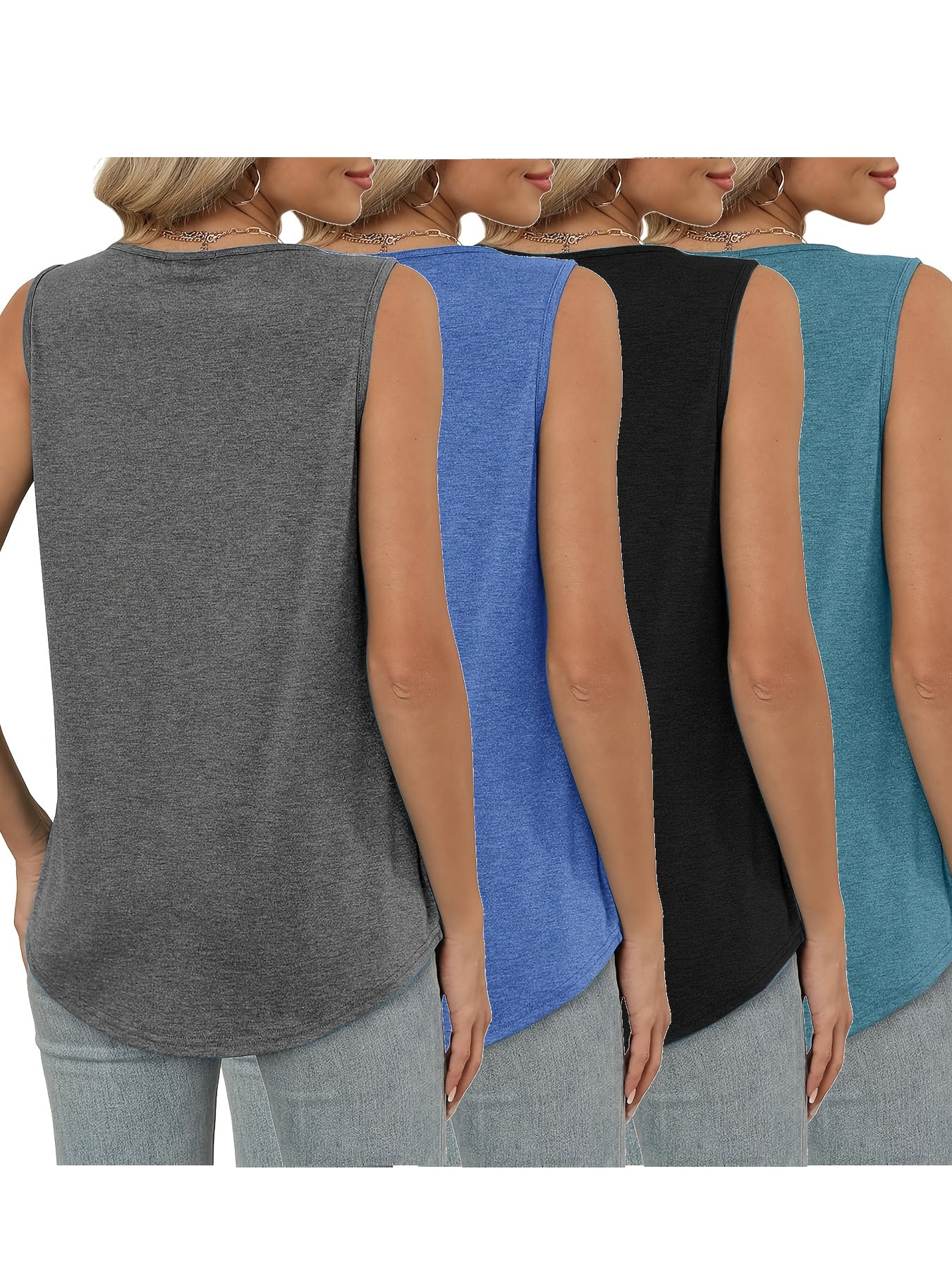 Women's V-Neck Sleeveless Tank Tops Four Piece Pleated Casual Set