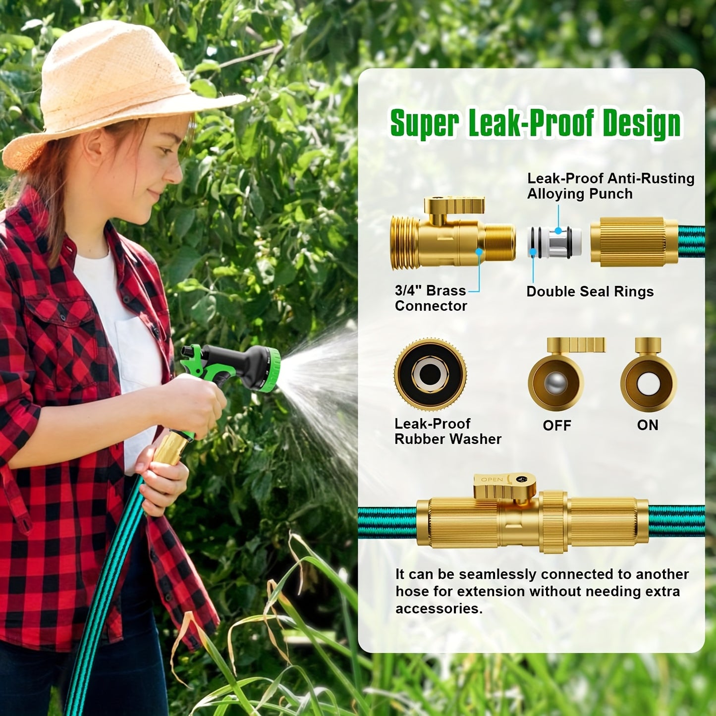 Heavy Duty Rubber Garden Hose With 10 Function Nozzle Leakproof