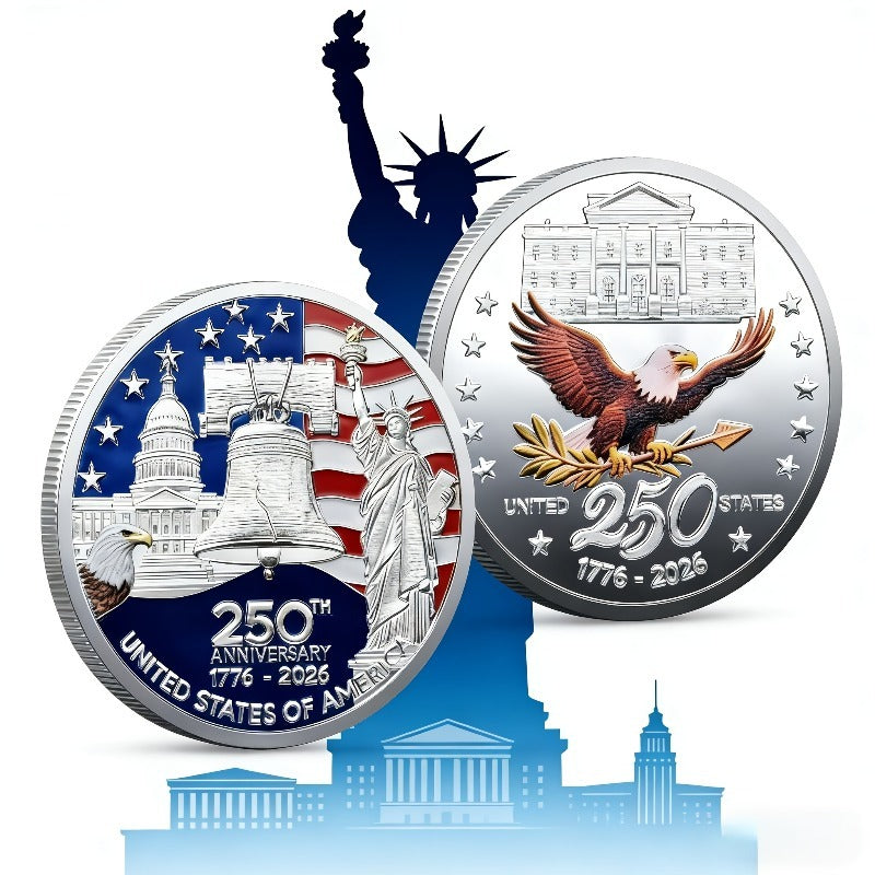 12pcs 2026 American Independence 250th Anniversary Medal Set | 1776-2026 Reissue Coins with Plastic Case and Eagle Challenge Coin Badge, Golden Iron Coins