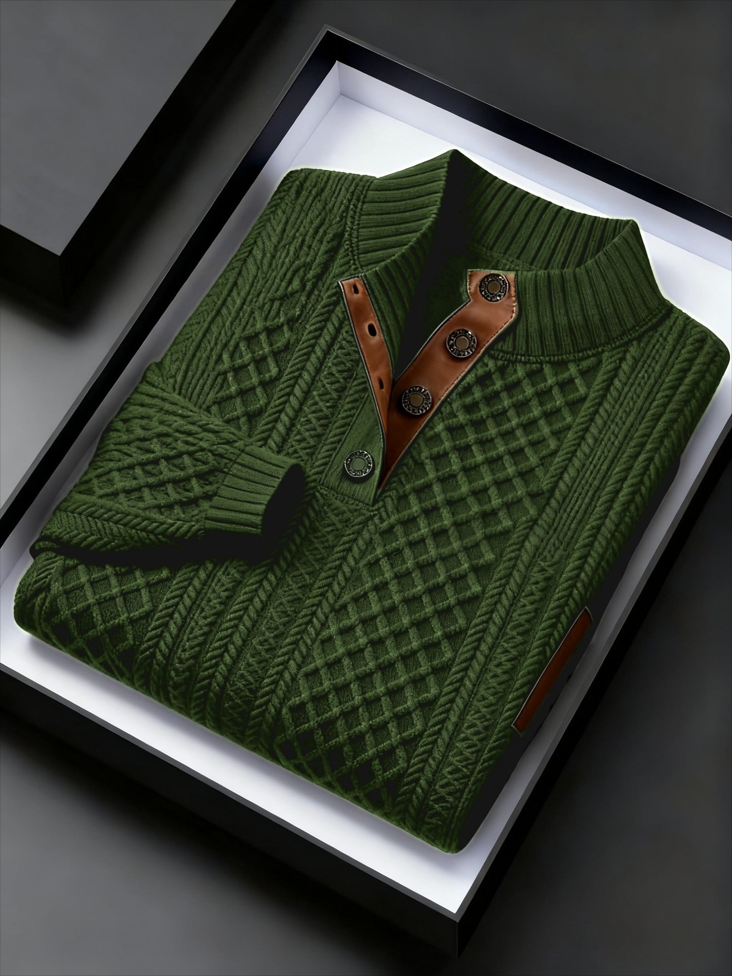Men Jacquard Knit Stand Collar Sweater With Button Closure