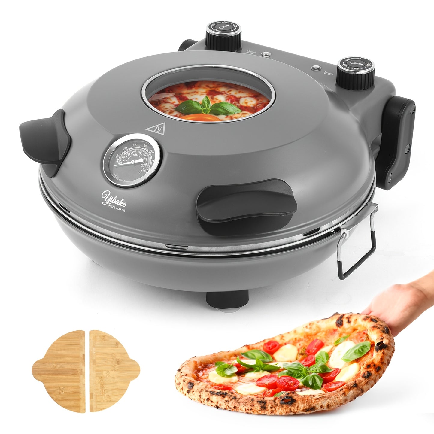 Electric Pizza Oven Round Indoor Countertop Dual Knob 1200W