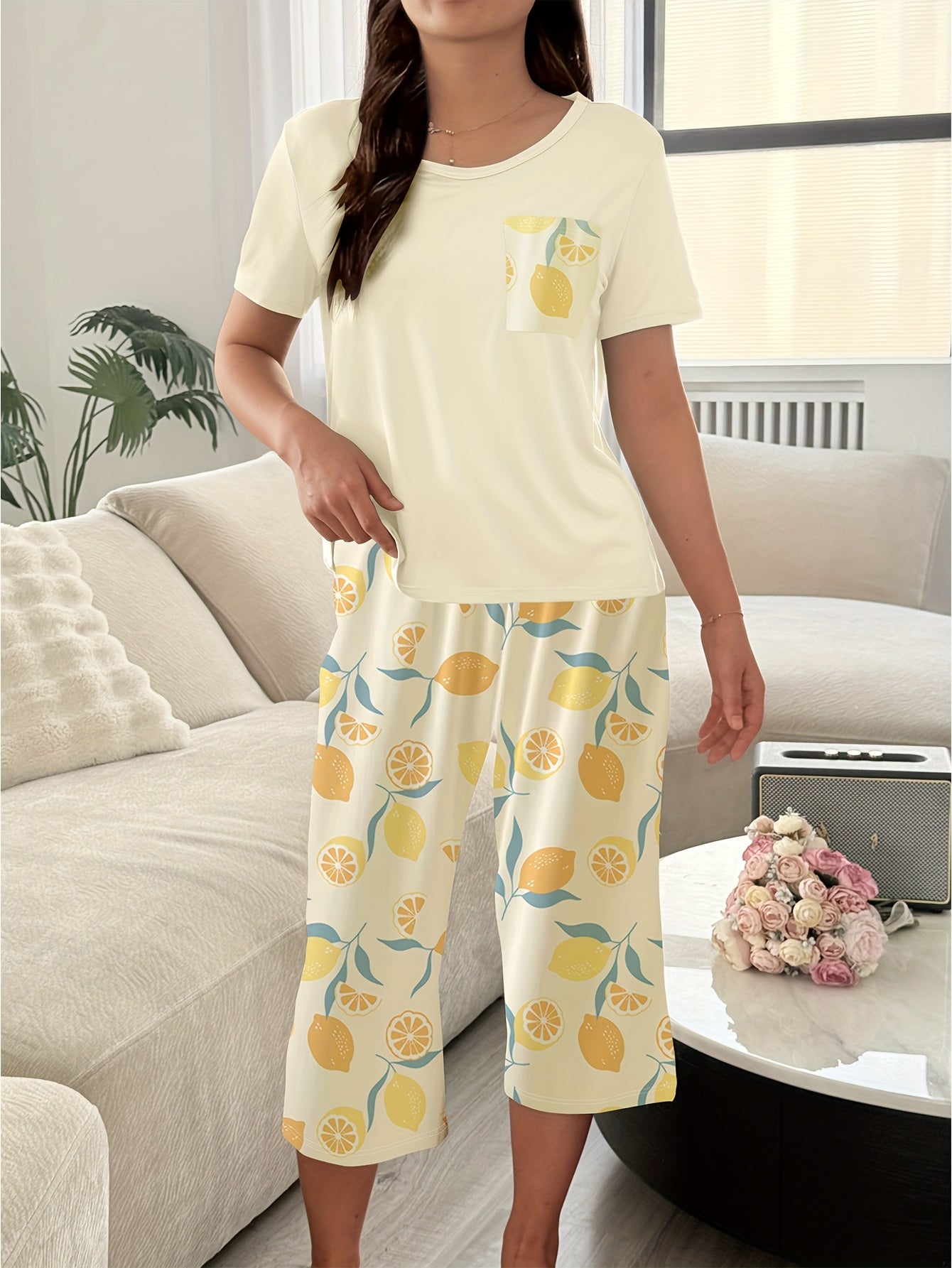 Chic Casual 3/4 Sleeve Floral Pajama Set for Women Plus Size