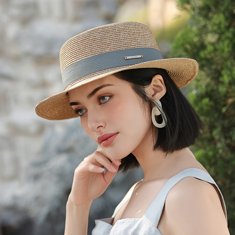 Franville Women's Wide Brim Sun Hat- French Style Straw Beach Hat with Navy Ribbon, Breathable Natural Material for Summer, Vacation, Beach& Daily Wear ( 50+, Adjustable Chin Strap)"