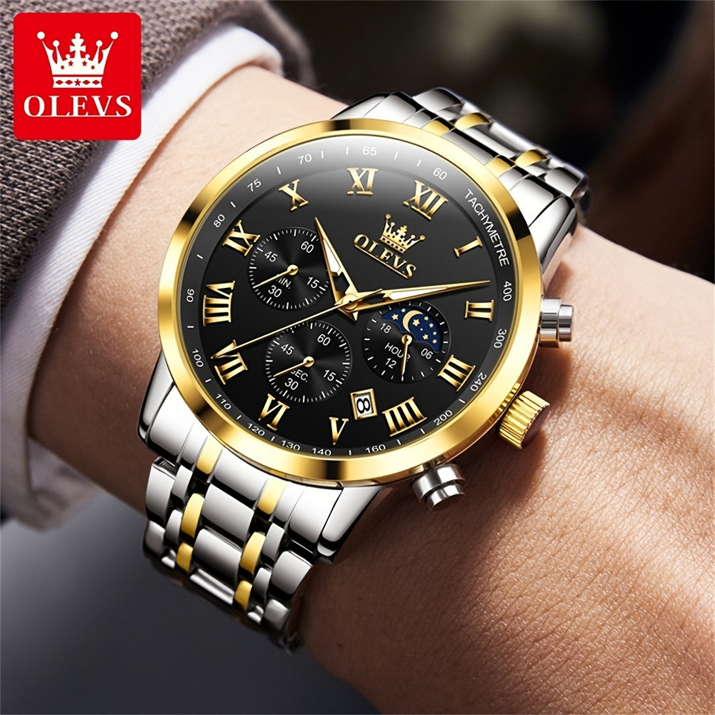 OLEVS Mens Watch Stainless Steel Chronograph Roman Numerals Moon Phases