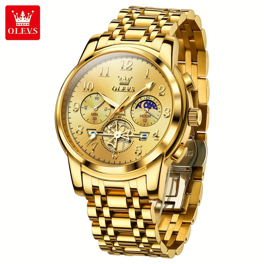 OLEVS Men's Luxury Quartz Watch Stainless Steel Moon Phase Chronograph