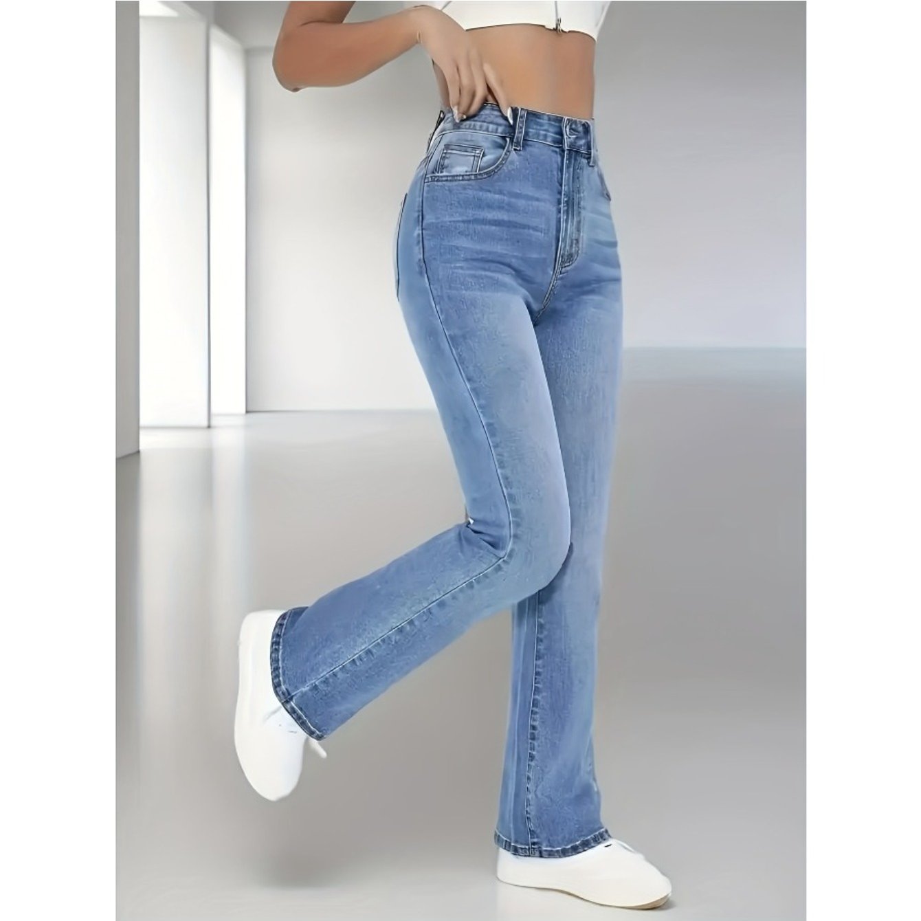 Women'S High-Waisted Stretch Flared Jeans | Tummy Control, Medium Stretch, Comfortable, Classic Blue Wash, Casual Office, All-season, Solid Color, Washed Detail