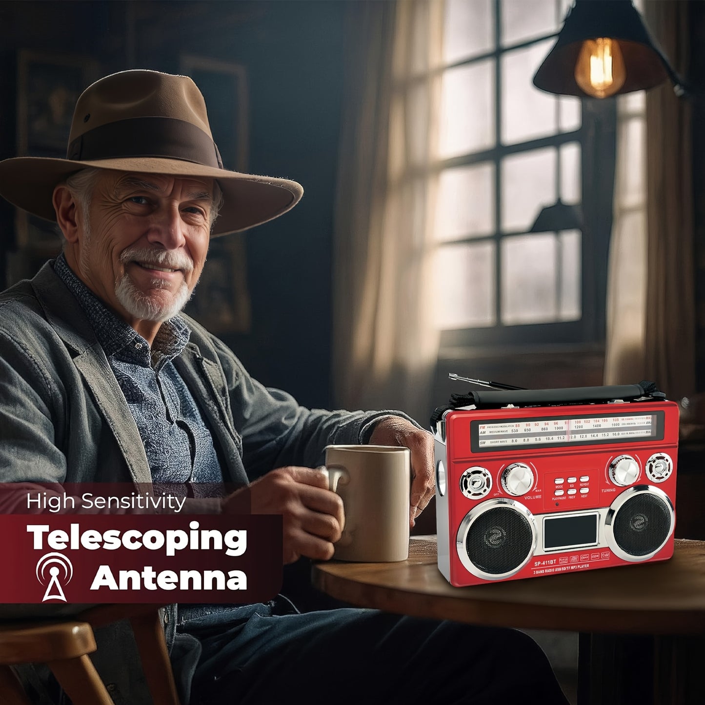 Portable 3 Band Radio With Wireless, Solar Panel, And LED Flashlight, Retro Wireless Speaker, AM/FM/SW Receiver With MP3 Playback, Telescopic Antenna, High Sensitivity, With Leather Handle, AUX/TF/SD, Ideal For Camping