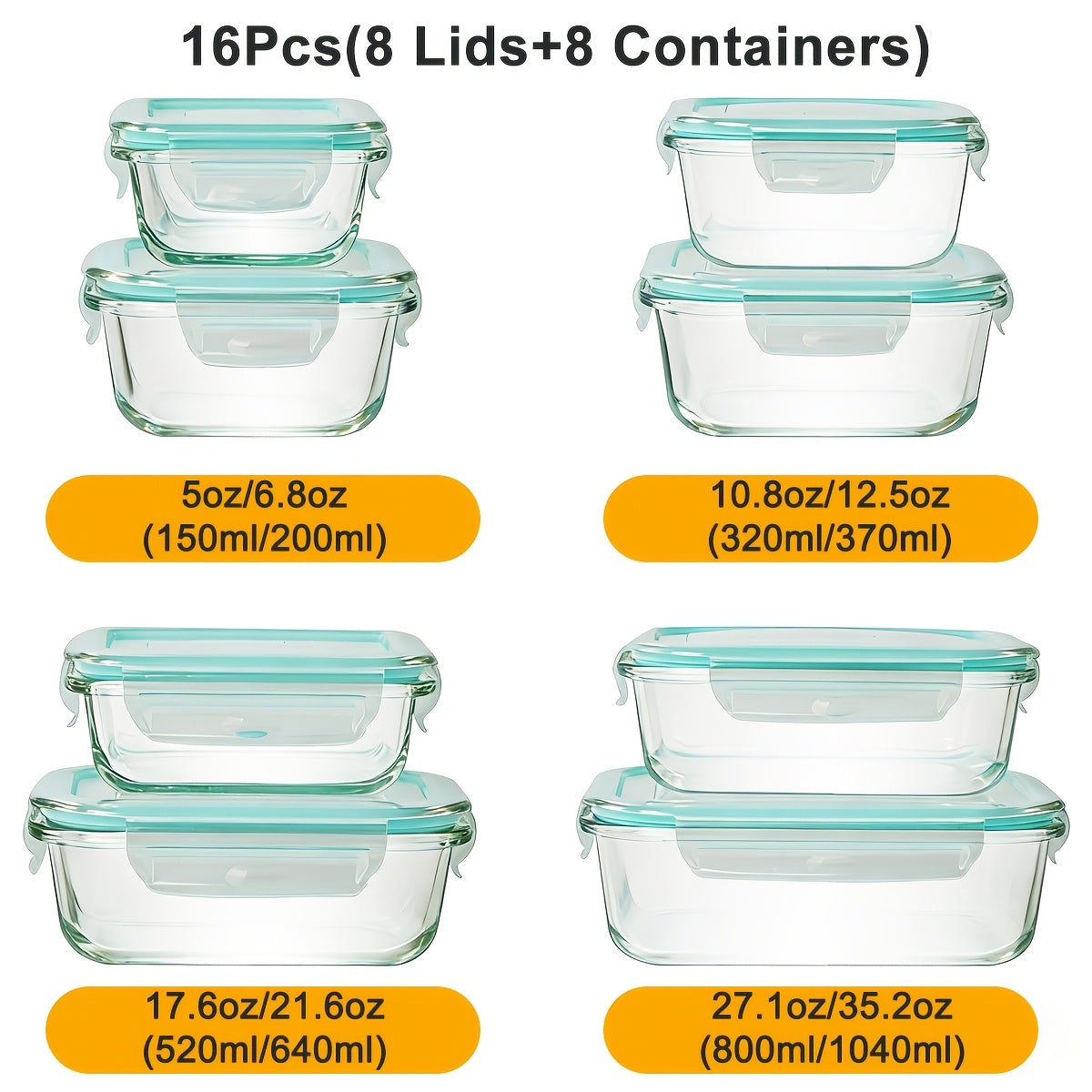 16pcs Sealed Glass Food Storage Containers, Lunch Boxes, Microwave Ovens, Ovens - Perfect For Salads, Fruits, Vegetables, And Sandwiches, Lunch Boxes | Sealed Storage | Durable Glass, Food Storage Containers (8 Lids+8 Contain