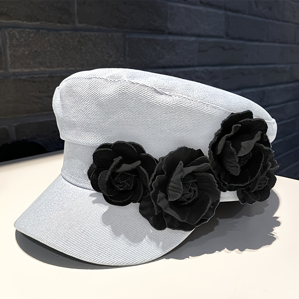 BODERI Women'S Denim Beret with Blue Roses - Lightweight, Elastic Fit for Outdoor Activities, Parties, and Casual Attire, Casual Headwear | Floral Embellished Beret | Texture Beret