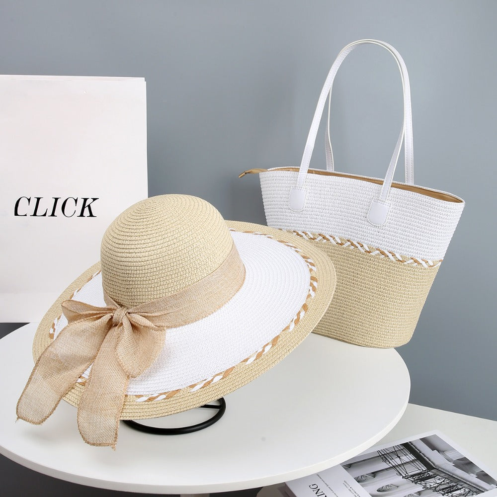 Hand- Straw Hat and Bag Set for Women, Beach Vacation Sun Hat Visor Hat