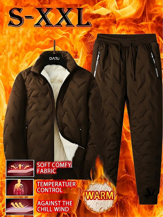 Men's Two-Piece Winter Jacket Set With Plush Lining Stand Collar