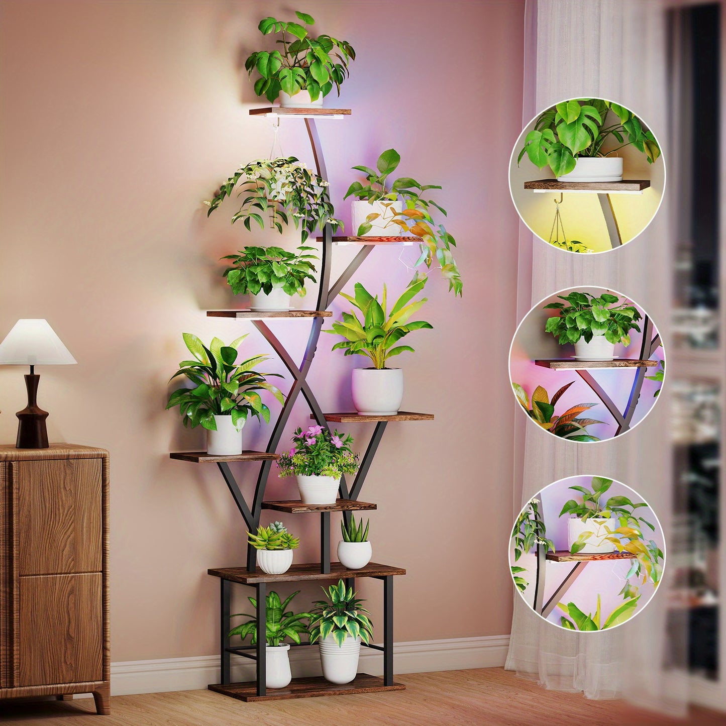 8-Tier Indoor Plant Stand With USB Grow Lights Wood Frame