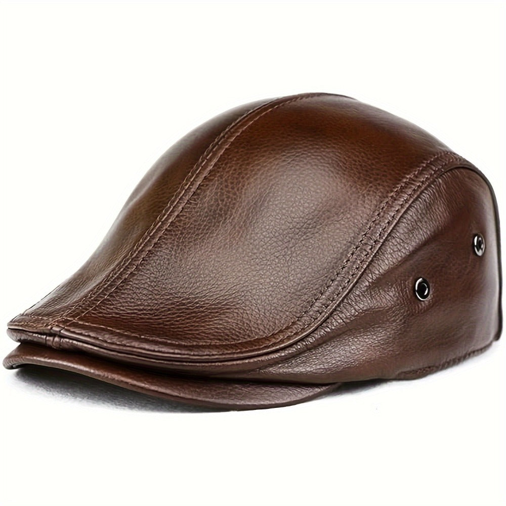 Mens Newsboy Cap Cowhide Leather Handwashable Outdoor Hat Hunting