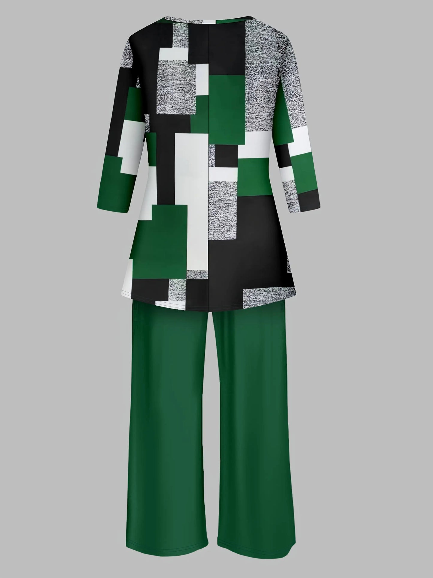 Geometric Print Long Sleeve Top And Solid Two-Piece Set