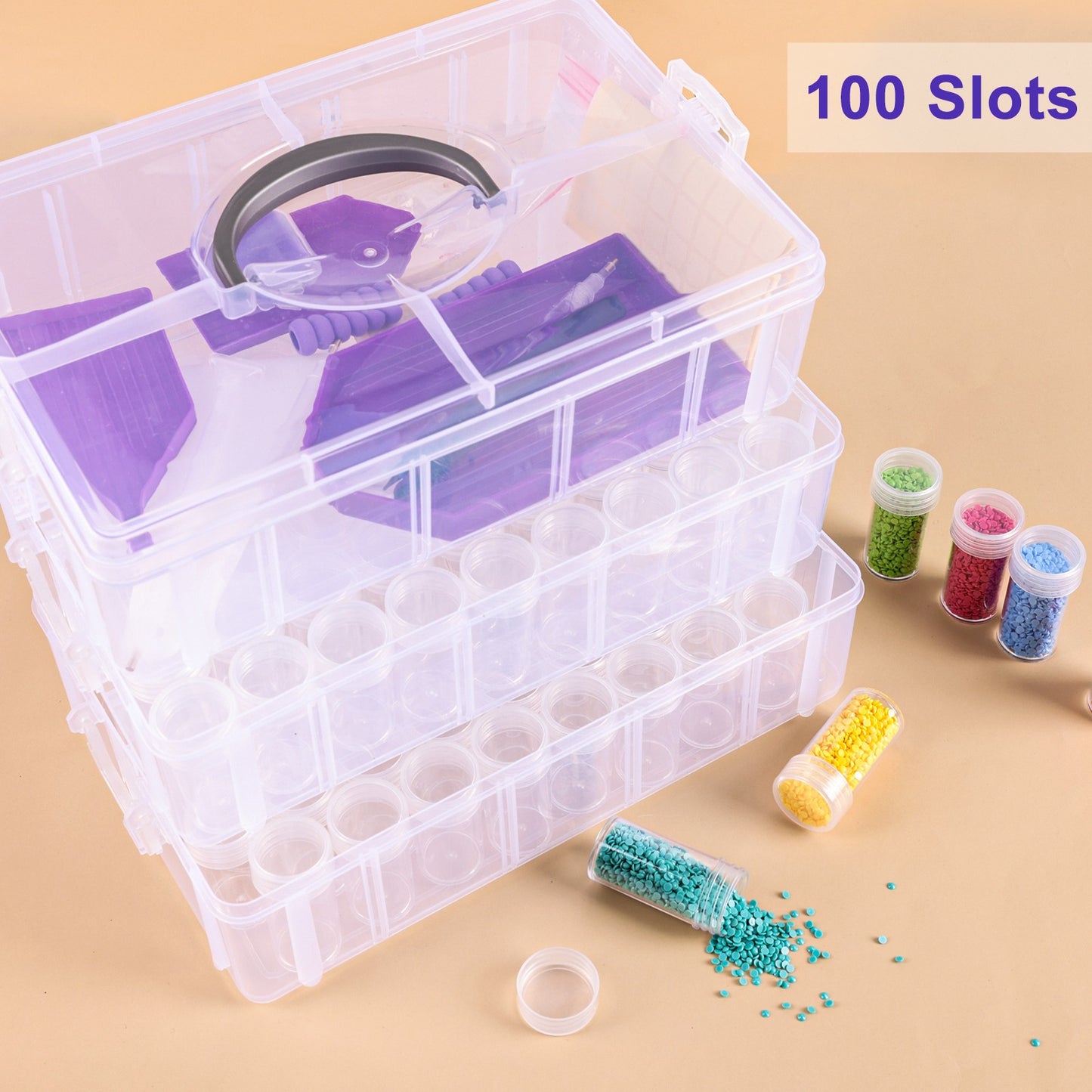 WHONLINE 3 Tier Diamond Painting Storage Container 100 Slots Bead Organizer