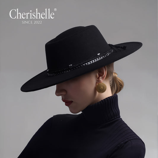 Fashionable Wide-Brim Women's Fedora Hat with Silvery Chain, Dome-Topped Felt Hat, 9.5cm Wide Brim Punk Rock Style Jazz Hat, Thickened Stylish Top Hat