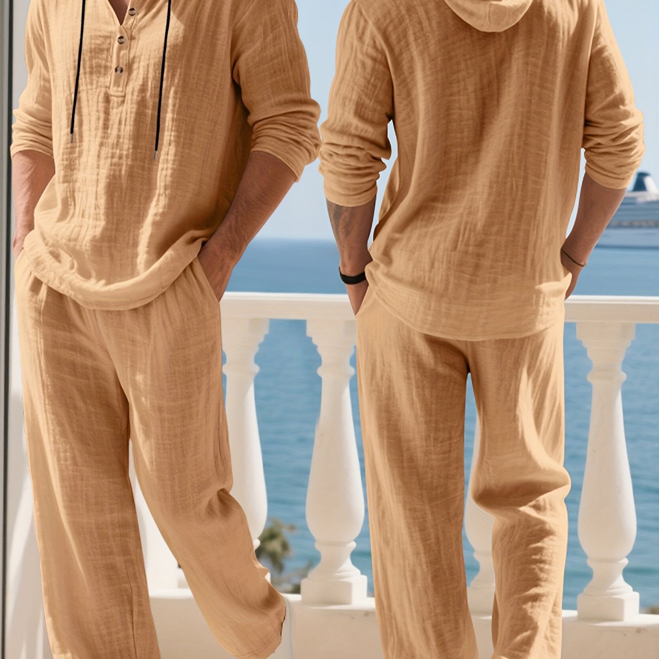 Mens Hooded Henley Shirt And Pants Set American Style Casual