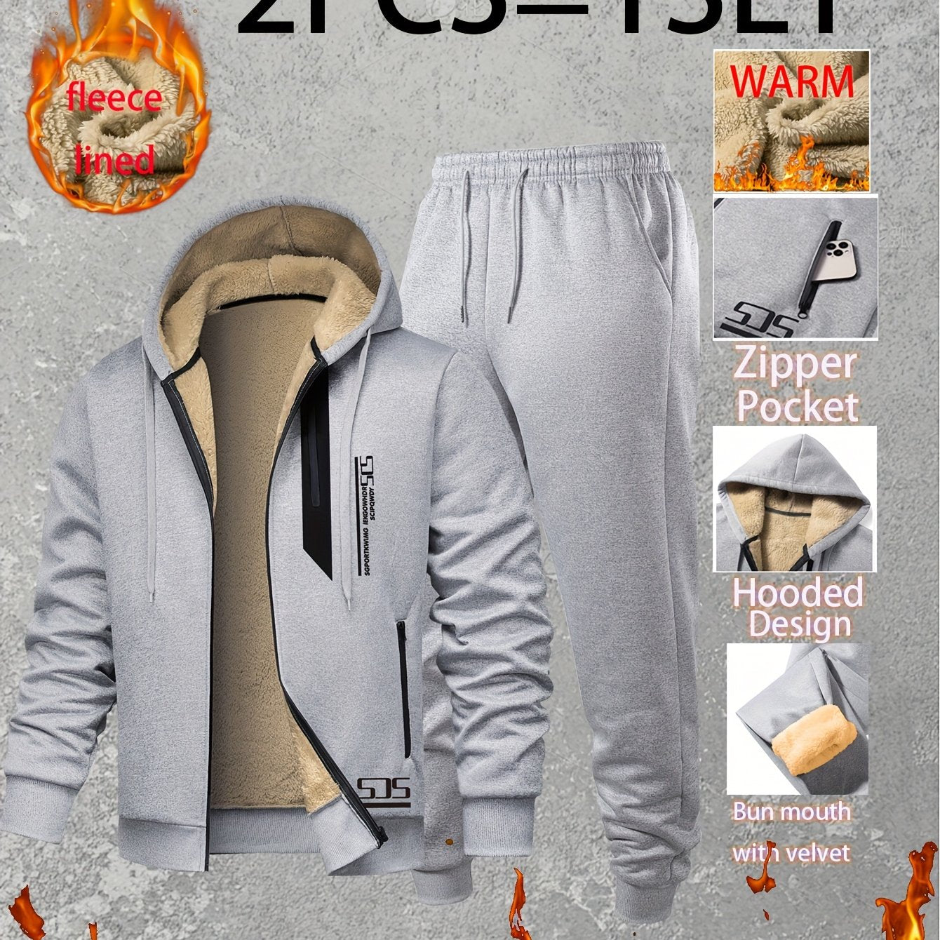 Men Thermal Fleece Jacket Set 2 Piece Full Zip Hooded Jacket And Jogger Pants