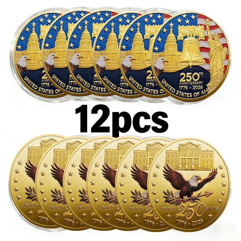 12pcs 2026 American Independence 250th Anniversary Medal Set | 1776-2026 Reissue Coins with Plastic Case and Eagle Challenge Coin Badge, Golden Iron Coins