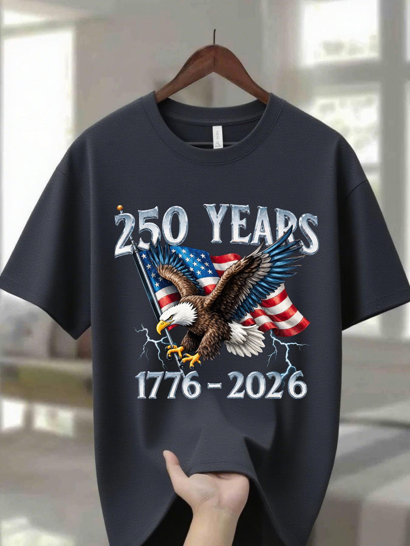 Navy Blue 100% Men's Round Neck T-Shirt with Eagle Pattern| 250 Years 1776- 2026 United States Flag Design, Ideal for Thanksgiving, Christmas, Summer, and Casual Attire, Men's Casual Comfortable T-Shirt