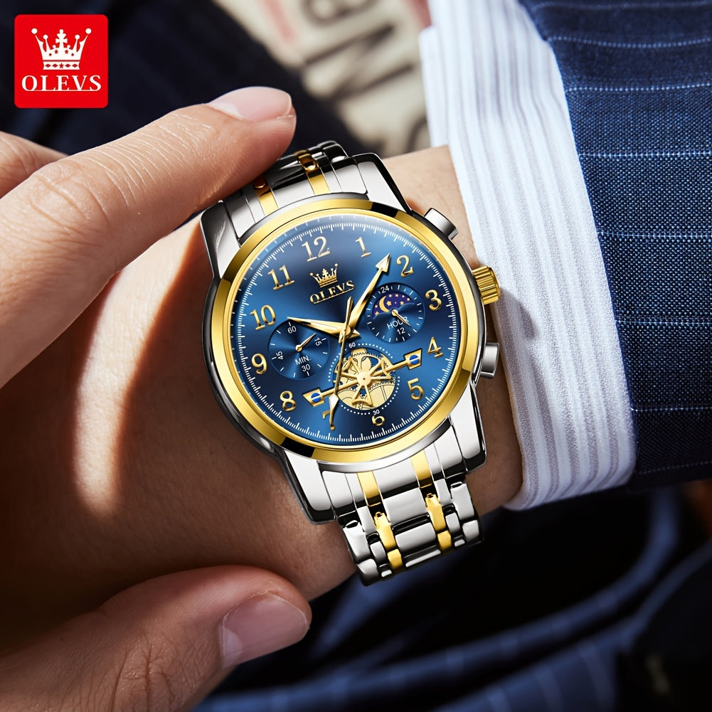 OLEVS Men's Luxury Quartz Watch Stainless Steel Moon Phase Chronograph