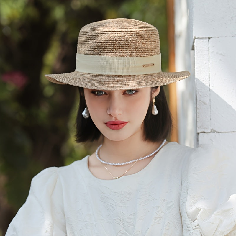 Franville Women's Wide Brim Sun Hat- French Style Straw Beach Hat with Navy Ribbon, Breathable Natural Material for Summer, Vacation, Beach& Daily Wear ( 50+, Adjustable Chin Strap)"