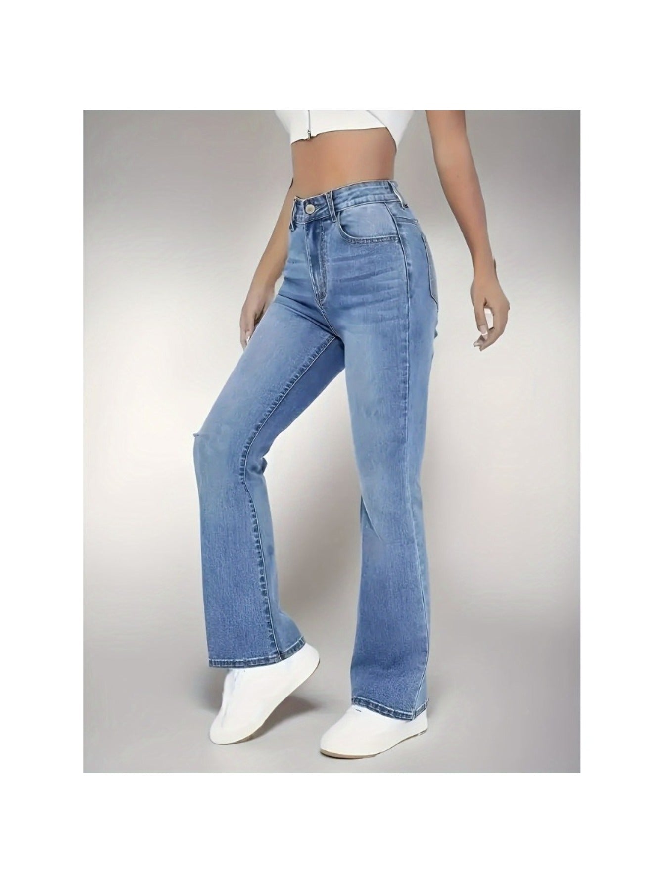 Women'S High-Waisted Stretch Flared Jeans | Tummy Control, Medium Stretch, Comfortable, Classic Blue Wash, Casual Office, All-season, Solid Color, Washed Detail