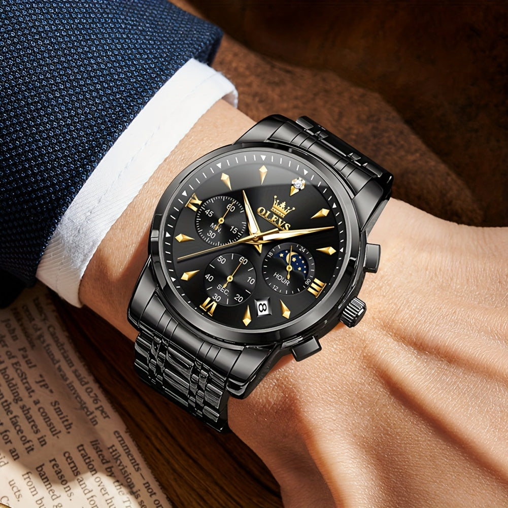 OLEVS Men's Luxury Quartz Chronograph Moon Phase Stainless Steel Watch