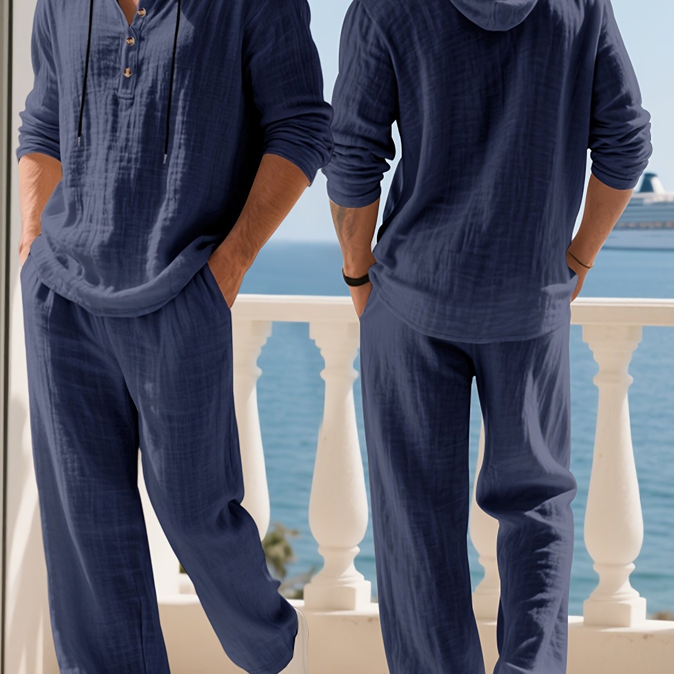 Mens Hooded Henley Shirt And Pants Set American Style Casual